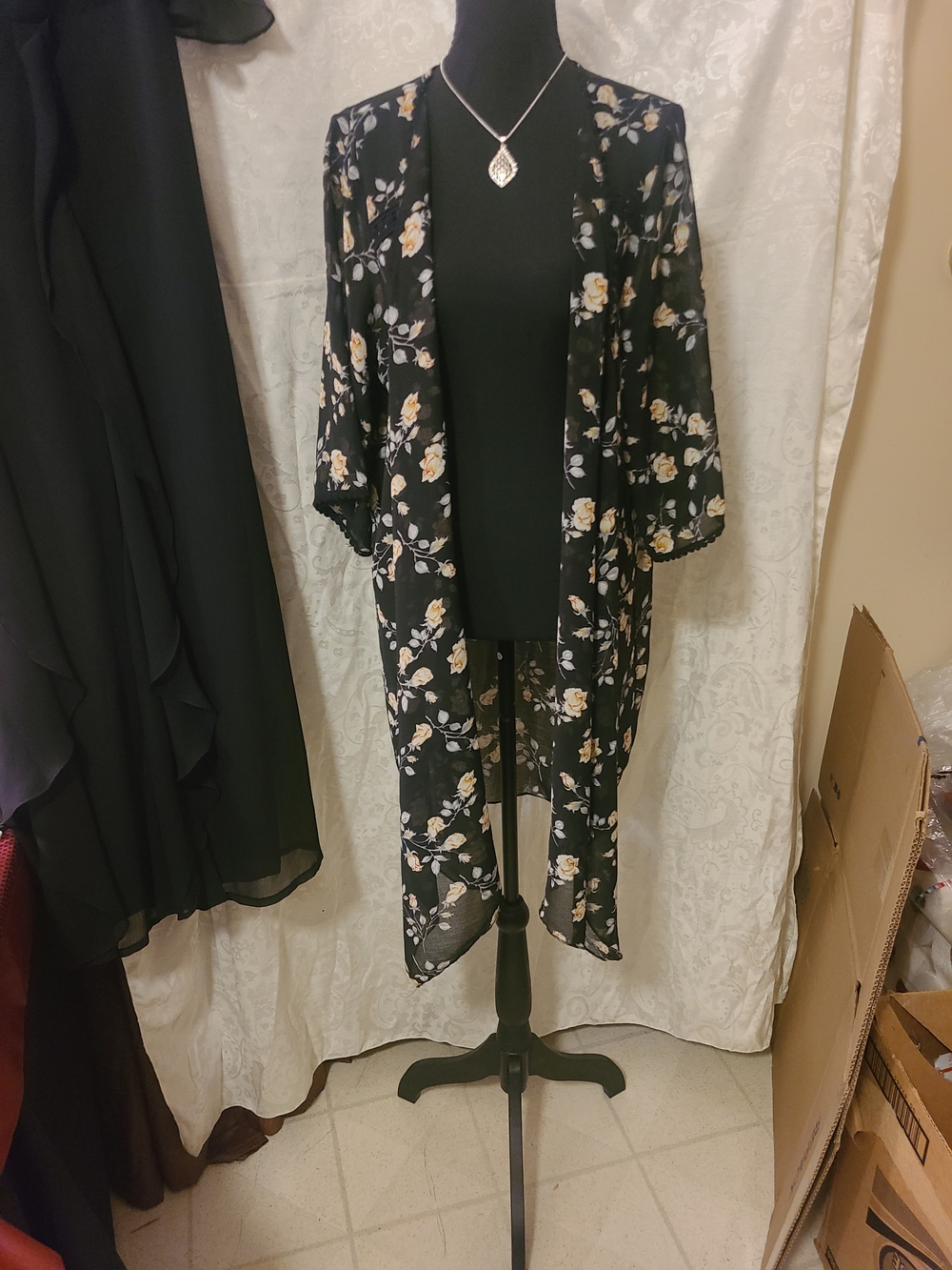 Black Floral Sheer Duster Jacket - Lightweight Layering Kimono